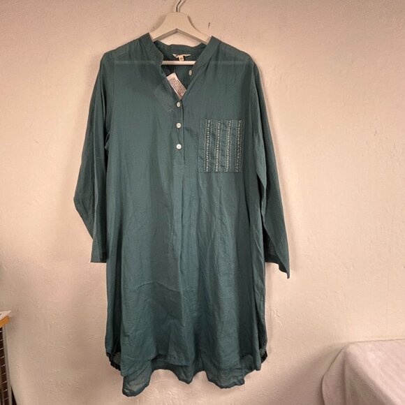 Marketplace Handmade Teal Cotton Tunic Dress With Embroidered Pocket Large New - Picture 1 of 7